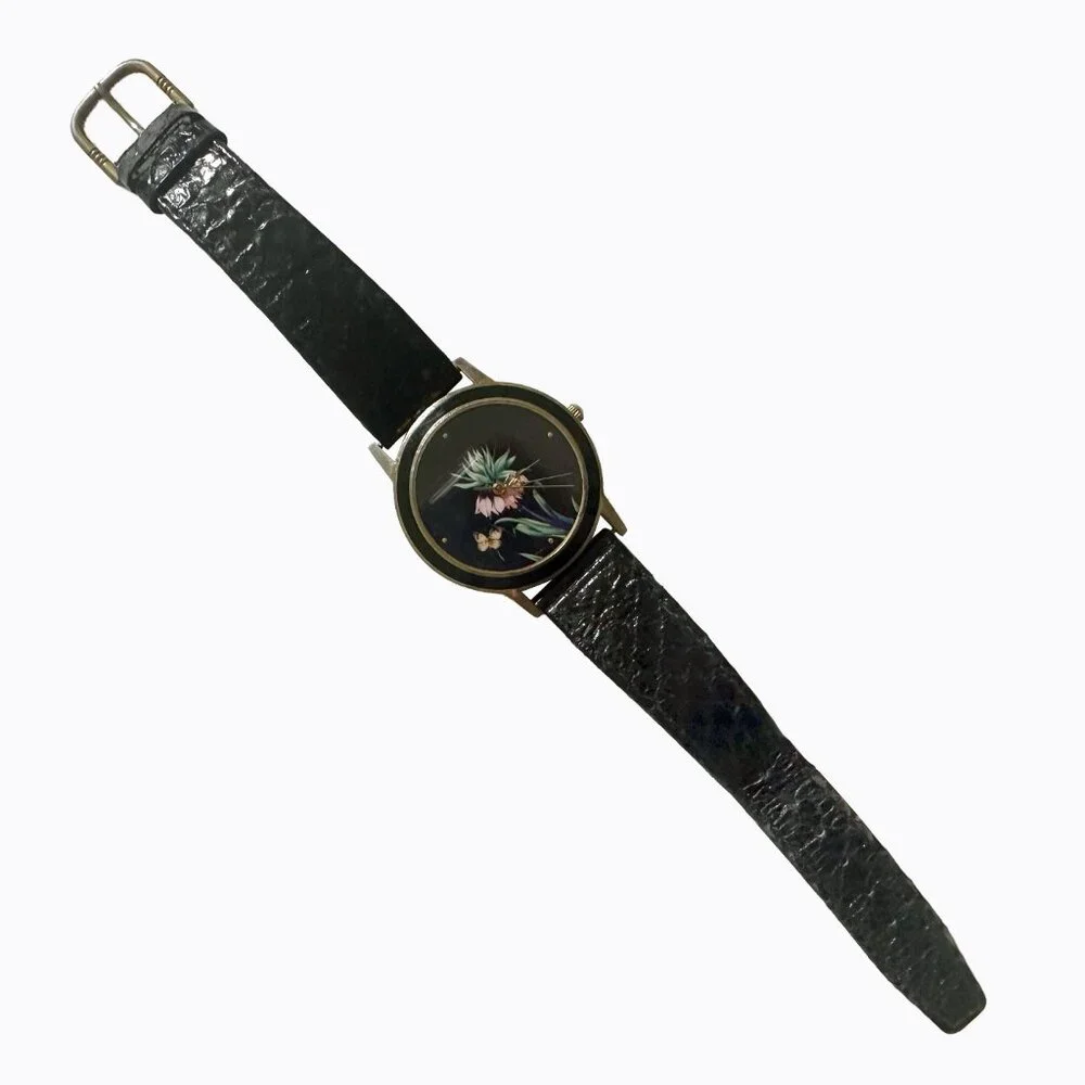 Vintage Harley's Black Lotus Watch Floral Leather Gold Tone Stylish Classic Rare